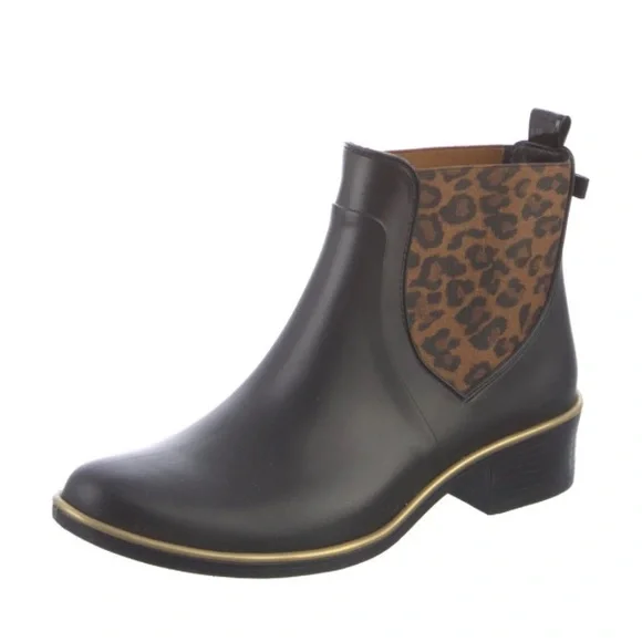 EUC [kate spade] Cheetah Print Black Ankle Bootie Rainboots Women’s Sz 9.0 - Picture 2 of 13